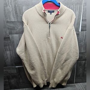 Burberry London Sweater Mens Size L Beige Lambswool Chunky 1/4 Zip Pullover